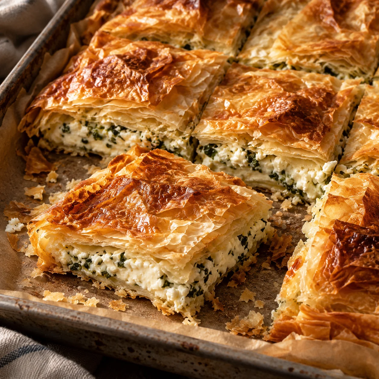 Golden, flaky white-cheese börek cut into squares on a parchment-lined bakery tray; concept photograph.