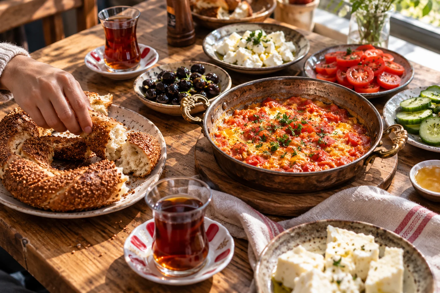 Menemen, cheese, olives, warm bread and Turkish tea shared across a wooden table; concept photograph.